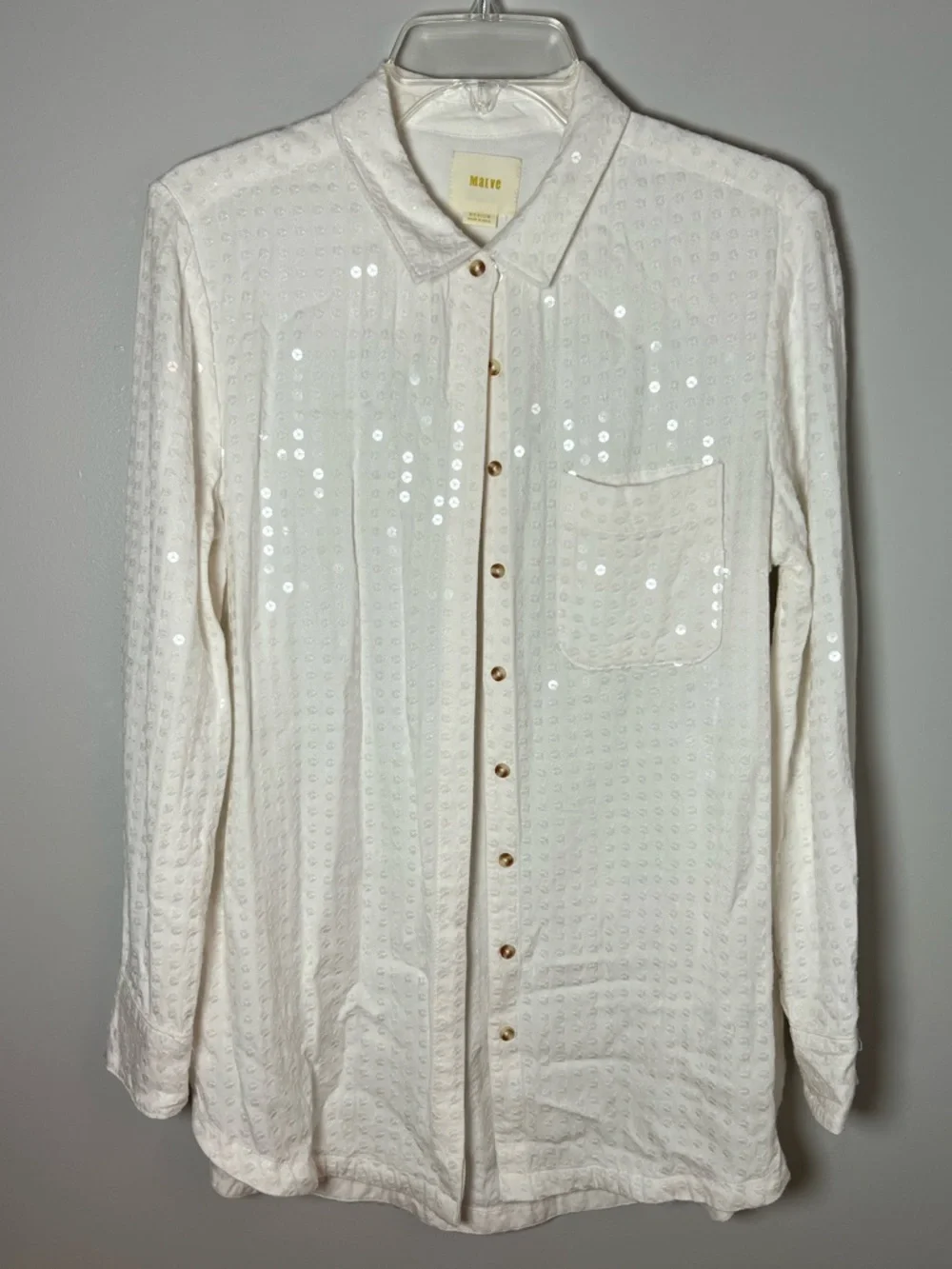 Maeve Anthropologie White Sequin Button Down Shirt Party Bachelorette Sz M - Picture 3 of 7